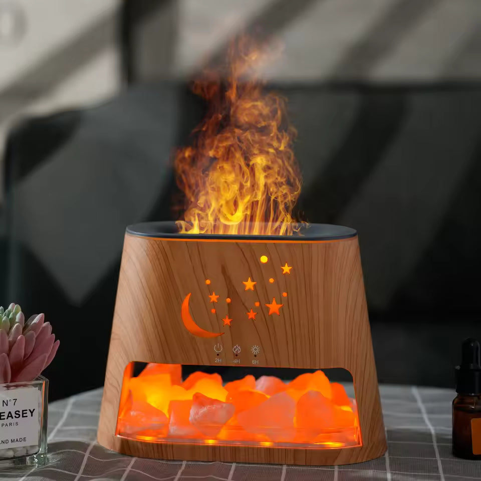 Himalayan Natural Crystal Rock Salt Stone Ambient Light Bedroom Humidifier Seven-color Flame Essential Oil Diffuser